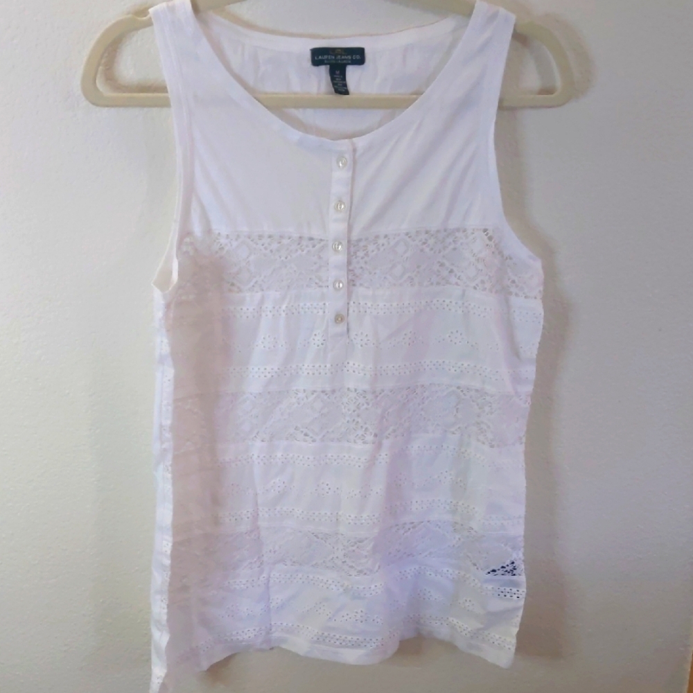 Ralph Lauren White Lace Tank Top Boho Y2K 100% Cotton 18x28